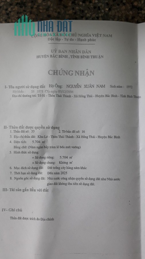 Bán đất xã Hồng Thái, Bắc Bình, Bình Thuận với diện tích 5704 m2