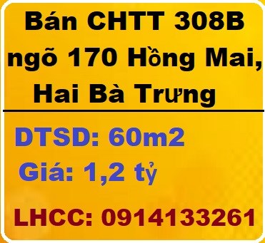 Bán CHTT 308B ngõ 170 Hồng Mai, Hai Bà Trưng, 1,2 tỷ, 0914133261