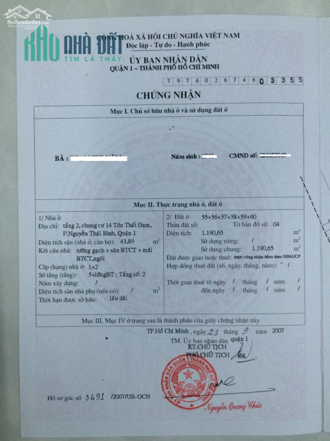 Chính chủ bán căn hộ chung cư 14 Tôn Thất Đạm, P Nguyễn Thái Bình, Q1, HCM