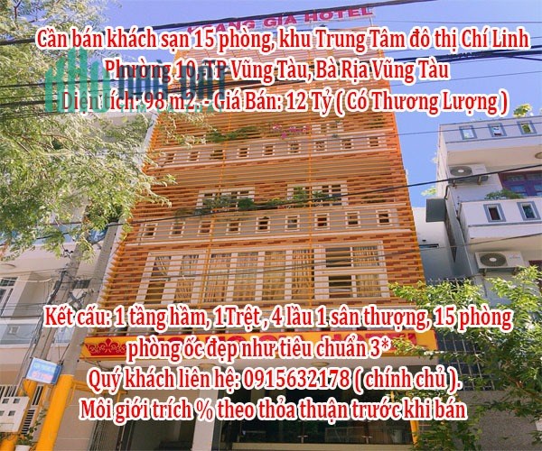 Cần bán khách sạn 15 phòng, khu Trung Tâm đô thị Chí Linh, Phường 10, TP Vũng Tàu, Bà Rịa Vũng Tàu.