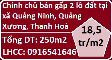 Chính chủ bán gấp 2 lô đất tại xã Quảng Ninh, Quảng Xương, Thanh Hoá, 18,5tr/m2; 0916541646