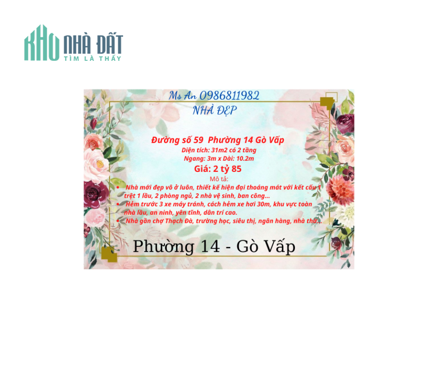 Hẻm 15  Đường số 59 - 2 tỷ có ngay: Diện tích:31m2 có 2 lầu - An 0986811982