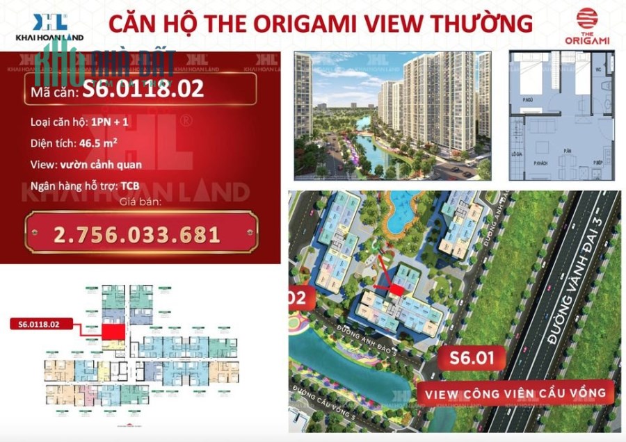 Bán căn hộ tòa (S6) phân khu THE ORIGAMI trong Đại Đô Thị VHGP Q9. Lh:0909779710.