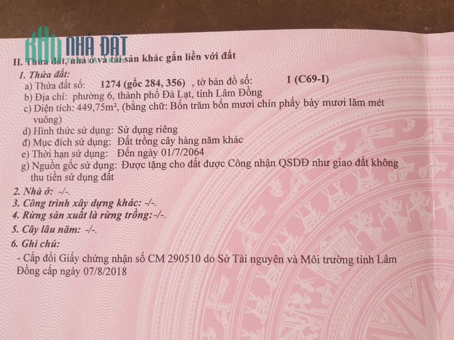 Chính chủ cần bán đất 449m2 tại Phường 6 , Tp Đà Lạt , Giá tốt