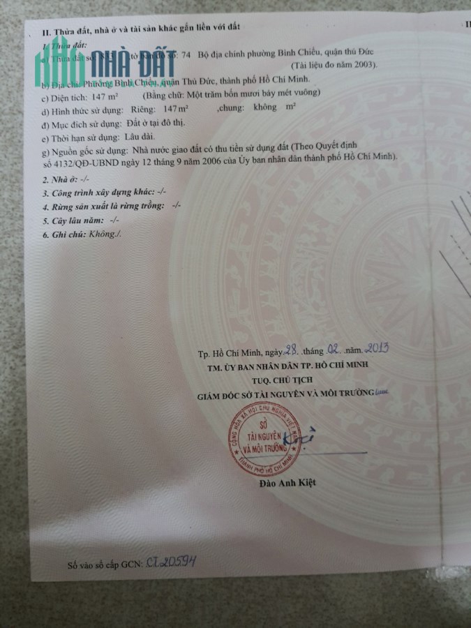 Chính chủ bán đất KDC Bình Chiểu Tp Thủ Đức 147m2. SHR. 7,35 tỷ. Lh:0982568839