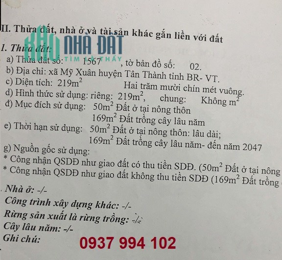 Chính chủ bán đất 2 mặt tiền vị trí đẹp tại Mỹ Xuân, Tân Thành, Bà Rịa Vũng Tàu; 5,2 tỷ; 0937994102