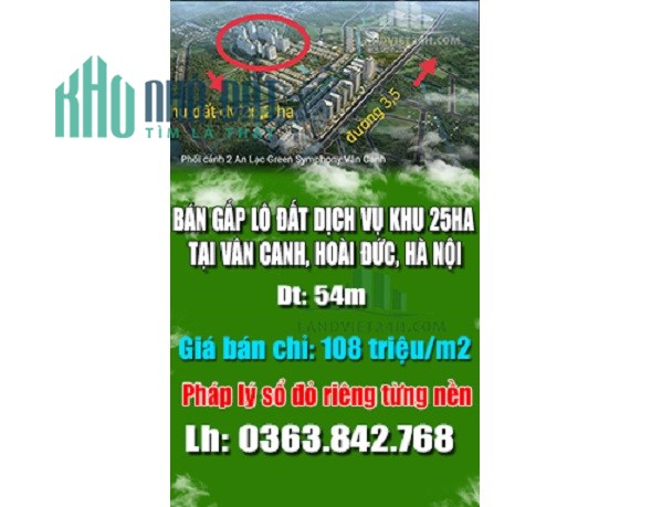 Chính chủ bán gấp lô đất dịch vụ khu 25ha tại Vân Canh, Hoài Đức, 107tr/m2; 0363842768