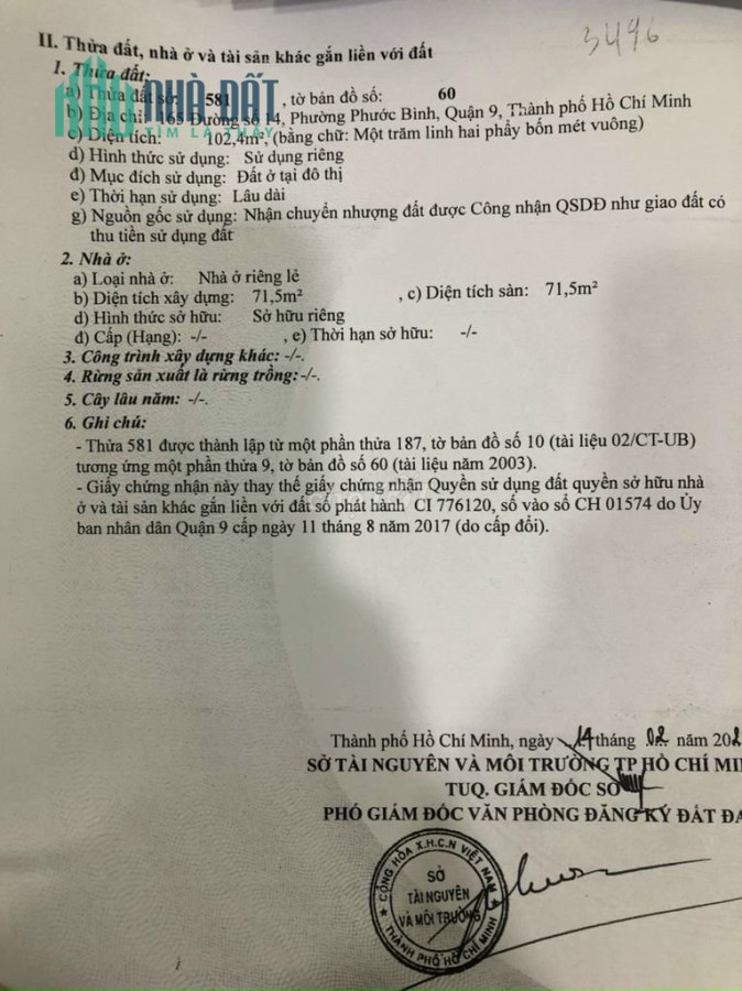 Nhà mặt tiền đường 14 phước bình diện tích 102m cấp 4 giá đầu tư