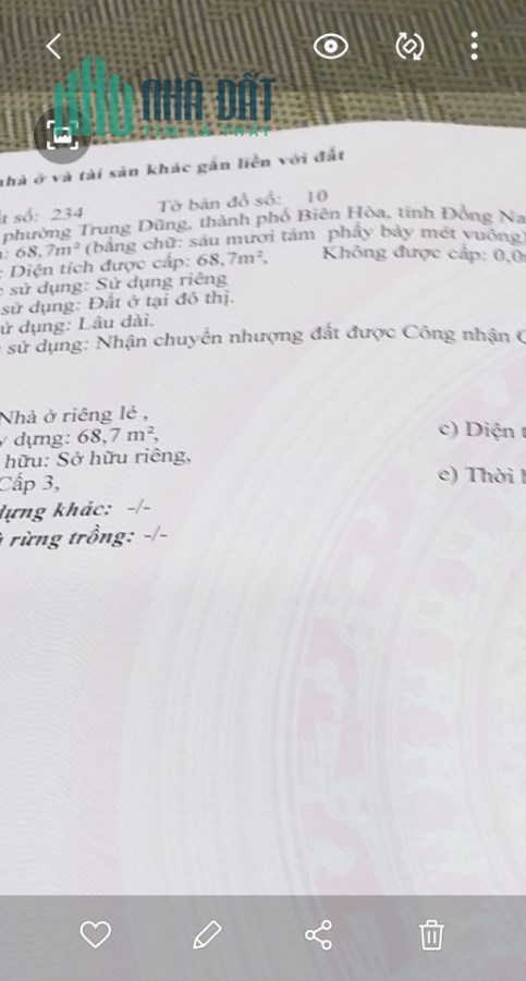 Cần bán nhà 1 trệt 1 lầu 68,7m2 phường Trung Dũng cách cổng hai 20 m