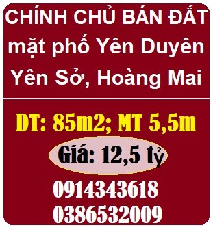 Chính chủ bán 85m2 đất mặt phố Yên Duyên, P.Yên Sở, Hoàng Mai, 12,5 tỷ; 0386532009