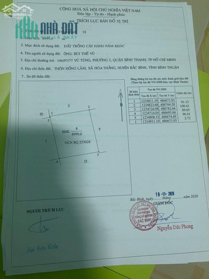 Bán 9000m2 xã Hòa Thắng cách DT716 1km, cách liên huyện 200m giá 160k/m2