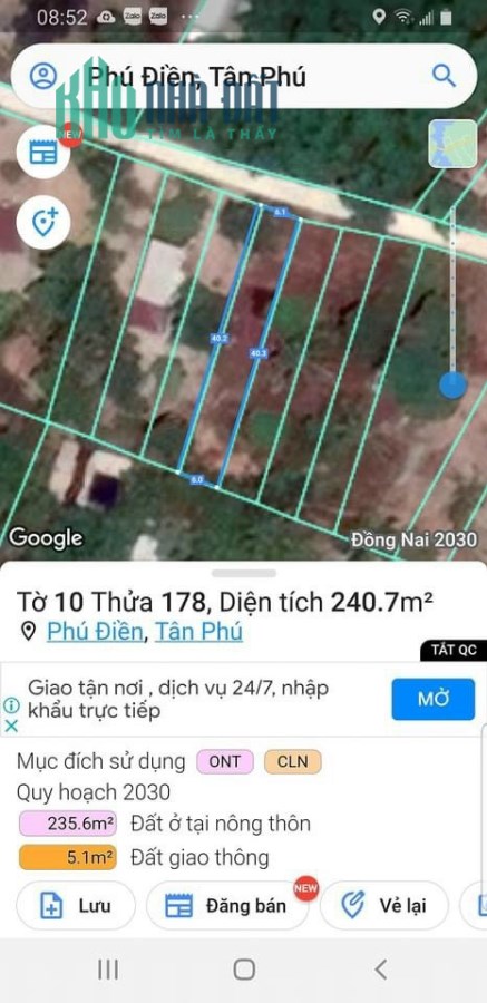 Bán đất thổ cư xã Phú Điền, Huyện Tân Phú, Đồng Nai, 240m2 chỉ 880 triệu. Lh:0899998029