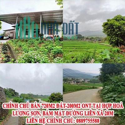 CHÍNH CHỦ BÁN 720M2 ĐẤT-200M2 ONT TẠI HỢP HOÀ, LƯƠNG SƠN, BÁM MẶT ĐƯỜNG LIÊN XÃ 20M.