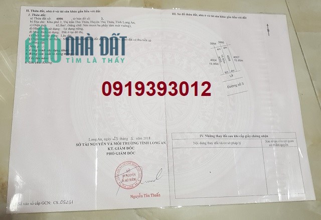 Chính chủ bán lô đất mặt tiền đối diện bến xe Thủ Thừa, Long An, 1,19 tỷ, 0919393012