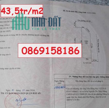 CHÍNH CHÚ BÁN LÔ GÓC HÀNG HIẾM TĐC ĐƯỜNG DỨA, HẢI AN, HẢI PHÒNG; 43,5TR/M2; 0869158186