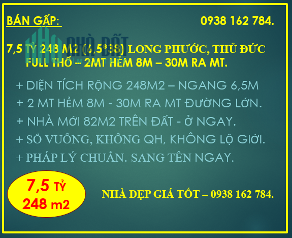 248M2 (6,5*38)-Full thổ cư-Nhà kiên cố ở ngay-2 MT hẻm 8m-Long Phước-TĐ-7.5 tỷ