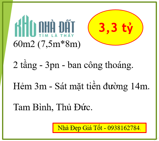 60m2(8.5×7)-2 tầng-Tam Bình-Thủ Đức-Gần MT đường 14m-Giá TL 3,3 tỷ