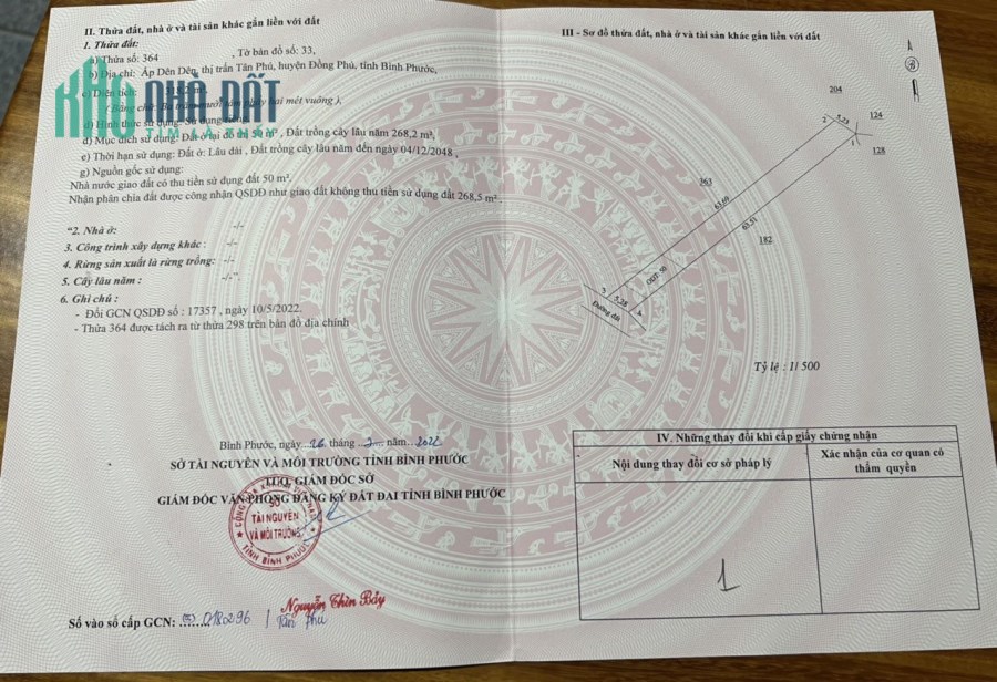 Đất thổ cư khu dân cư mới TT huyện Đồng Phú, gần đảo yến Sơn Hà. LH: 0936385703