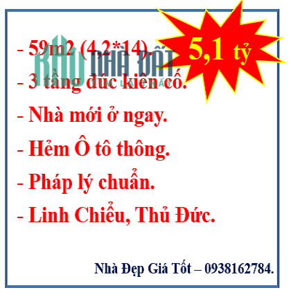 59m2(4.2*14)-Nhà mới 3 lầu kiên cố-Hẻm ô tô thông-5.1 tỷ.