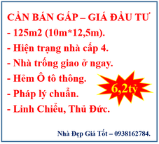 Cần bán gấp-125m2(10*12,5)-Nhà C4-Linh Chiểu-TĐ-Hẻm ô tô-6,2 tỷ.
