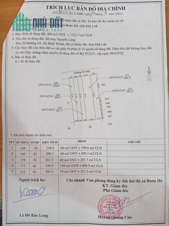 Tôi có lô đất cần bán diện tích ngang 5m dài 52m có 60 thổ cư tại thị xã Buôn Hồ Đắk lắk giá 420tr