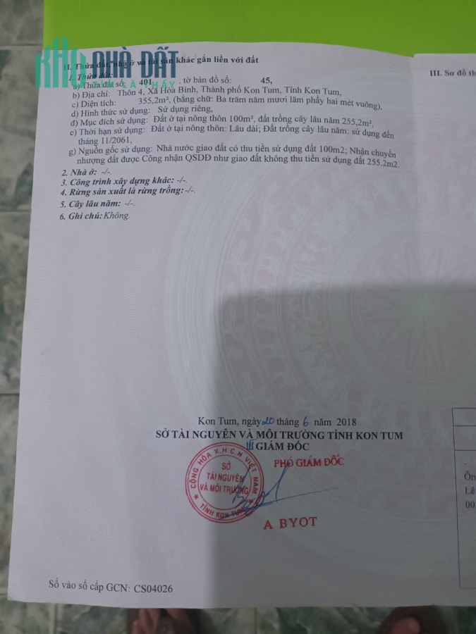 CHÍNH CHỦ CẦN BÁN LÔ ĐẤT 2 MẶT TIỀN THÔN 4 - XÃ HOÀ BÌNH - THÀNH PHỐ KON TUM - TỈNH KON TUM