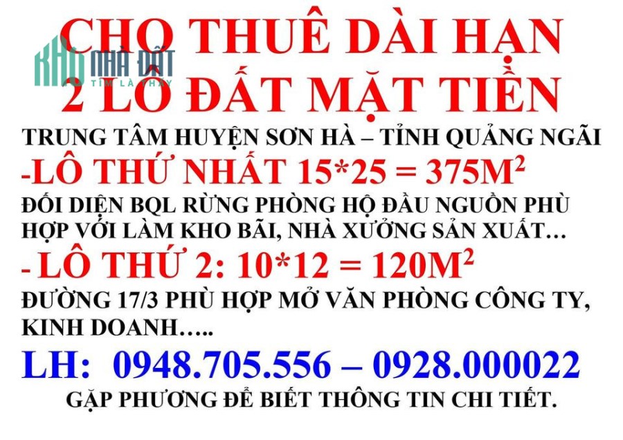 Cho thuê dài hạn 2 lô đất mặt tiền đường trung tâm huyện Sơn Hà, Tỉnh Quảng Ngãi