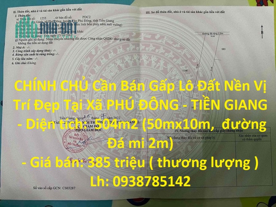 CHÍNH CHỦ Cần Bán Gấp Lô Đất Nền Vị Trí Đẹp Tại Xã PHÚ ĐÔNG - TIỀN GIANG