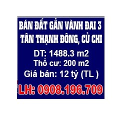 Bán đất Huỳnh Minh Mương gần vành đai 3 Tân Thạnh Đông, Củ Chi; 12 tỷ; 0908196709