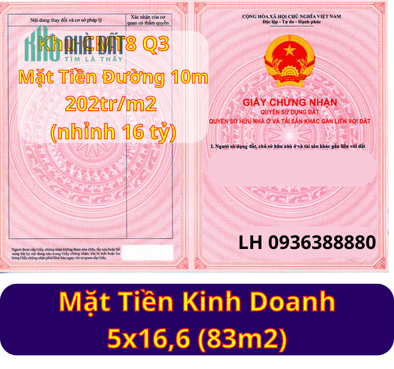 Mặt Tiền Kinh Doanh Khu Vip CMT8 Q3, Đường 10m, 5x17 4 tầng, nhỉnh 16 tỷ