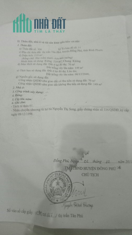 Cần Bán Gấp Lô Đất Đẹp Gía Đầu Tư Tại Thị Trấn Tân Phú, Đồng Phú, Bình Phước