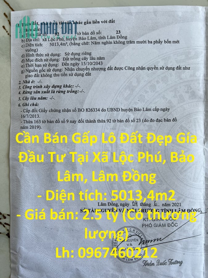 Cần Bán Gấp Lô Đất Đẹp Gía Đầu Tư Tại Xã Lộc Phú, Bảo Lâm, Lâm Đồng