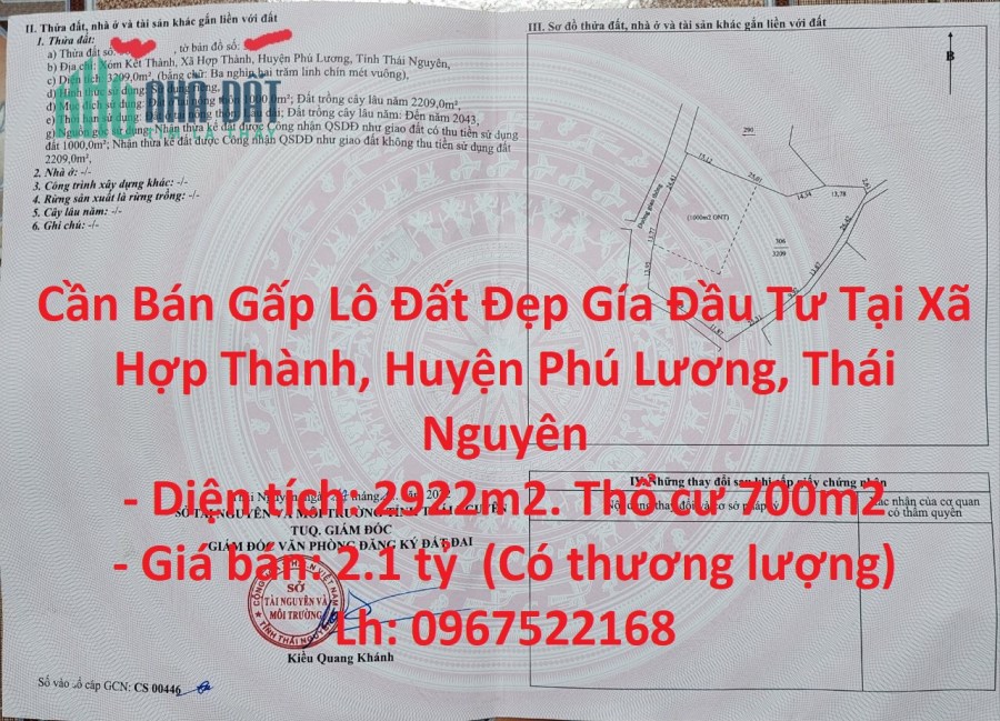 Cần Bán Gấp Lô Đất Đẹp Gía Đầu Tư Tại Xã Hợp Thành, Huyện Phú Lương, Thái Nguyên