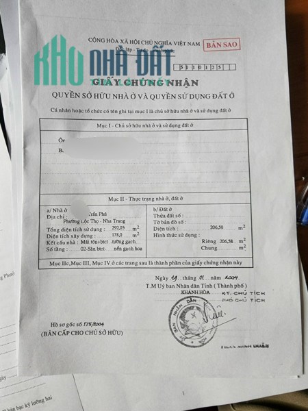BÁN KS 3* MĂT TIỀN ĐƯỜNG TRẦN PHÚ, LỘC THỌ, NHA TRANG, KH, GIÁ 250 TỶ
