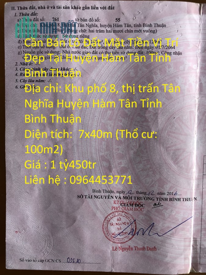 Cần Nhà Tâm Đắt Mặt Tiền Vị Trí Đẹp Tại Huyện Hàm Tân Tỉnh Bình Thuận
