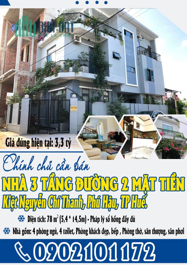 Nhà 3 tầng đường 2 mặt tiền kiệt Nguyễn Chí Thanh, Phú Hậu, TP Huế.