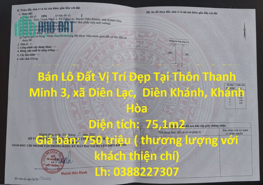 KHAI XUÂN ĐẦU NĂM CHÍNH CHỦ Cần Bán Lô Đất Vị Trí Đẹp Tại Diên Khánh, Khánh Hòa