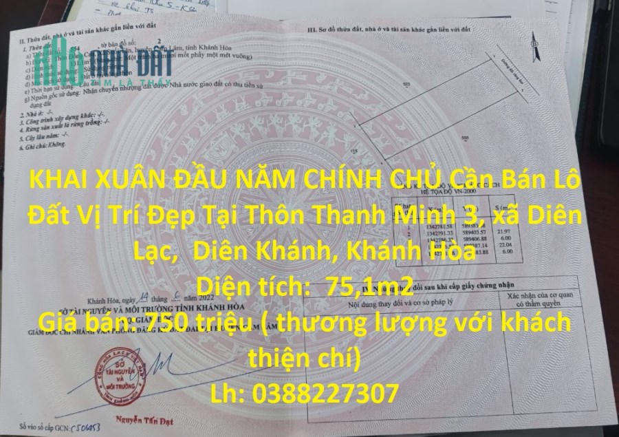 Hot Hot Chính Chủ Cần Bán Lô Đất Vị Trí Đẹp Tại Cam Lâm, Khánh Hòa