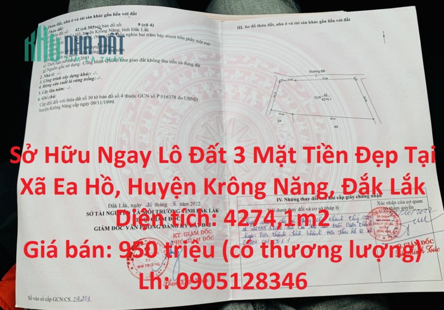 Sở Hữu Ngay Lô Đất 3 Mặt Tiền Đẹp Tại Xã Ea Hồ, Huyện Krông Năng, Đắk Lắk