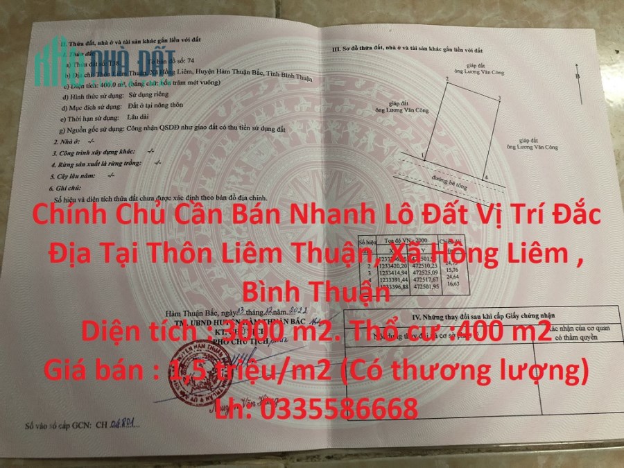 Chính Chủ Cần Bán Nhanh Lô Đất Vị Trí Đắc Địa Tại Thôn Liêm Thuận, Xã Hồng Liêm , Bình Thuận