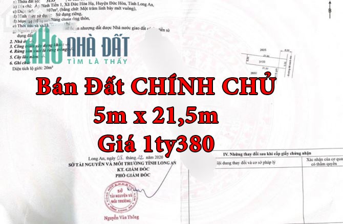 bán đất Chính Chủ 5x21,5 sát khu công nghiệp TÂN ĐỨC , ĐỨC HÒA